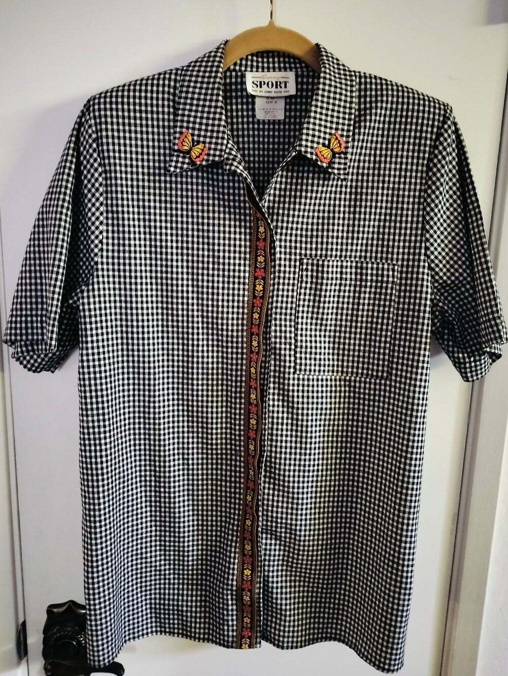 Vintage Sunny Sport by Sunny South Black & White Gingham Butterfly Shirt Size 8